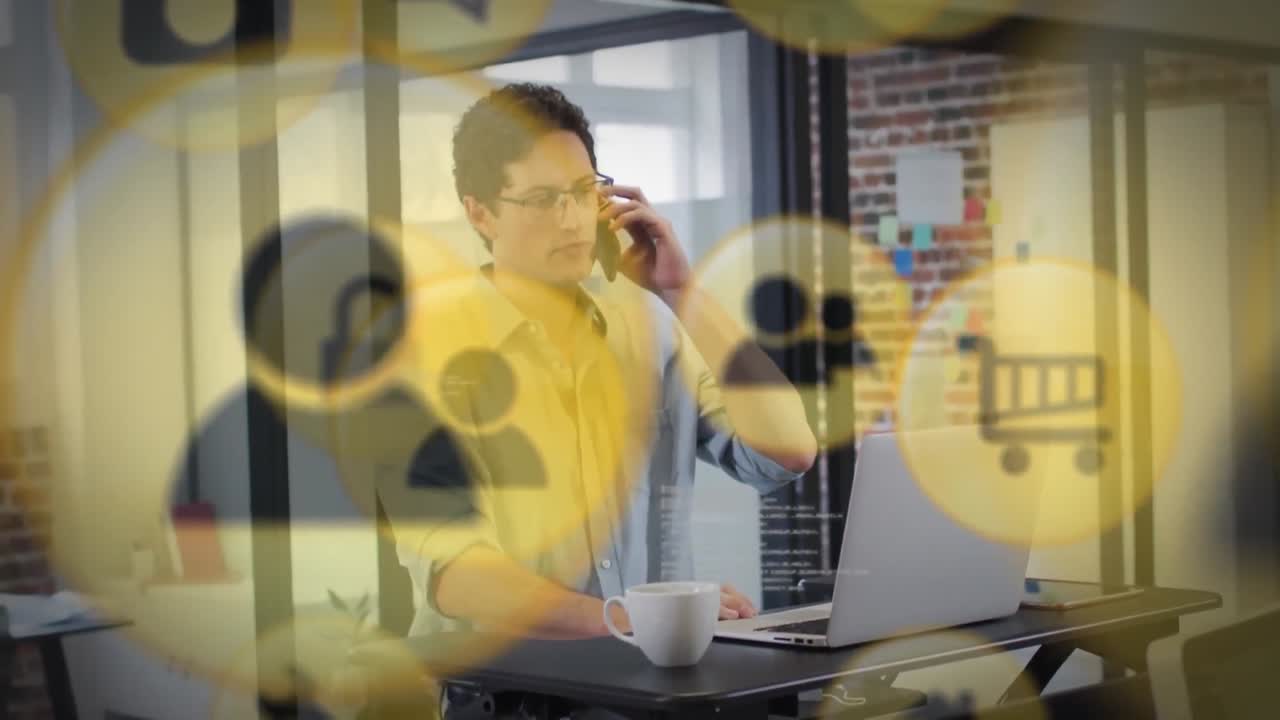 animación de iconos de compras sobre el hombre de negocios en la oficina