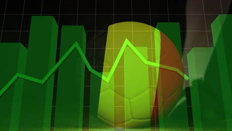 animación de datos de procesamiento de gráficos verdes sobre las piernas de un futbolista pateando la pelota con la bandera de francia