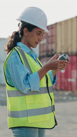 woman operating a drone at a shipping port