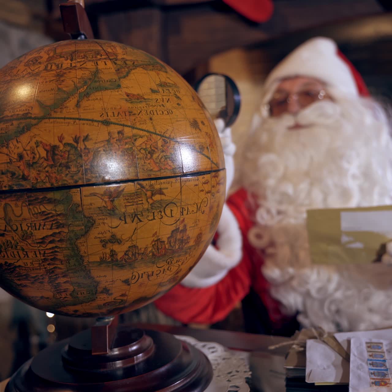 Santa Claus with globe in room