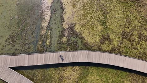 man walking on a long wooden old bridge over a dried beach in the mediterranean