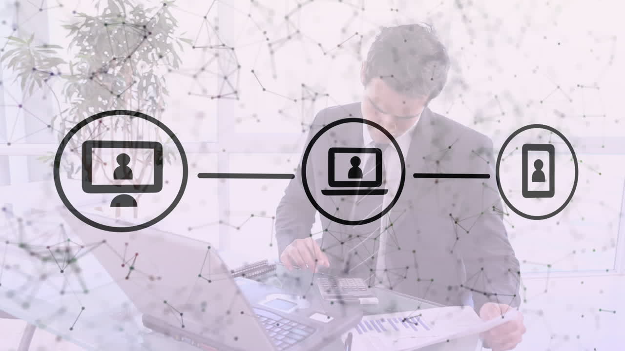 анимация беспроводных икон с соединенными точками над кавказским бизнесменом с помощью калькулятора