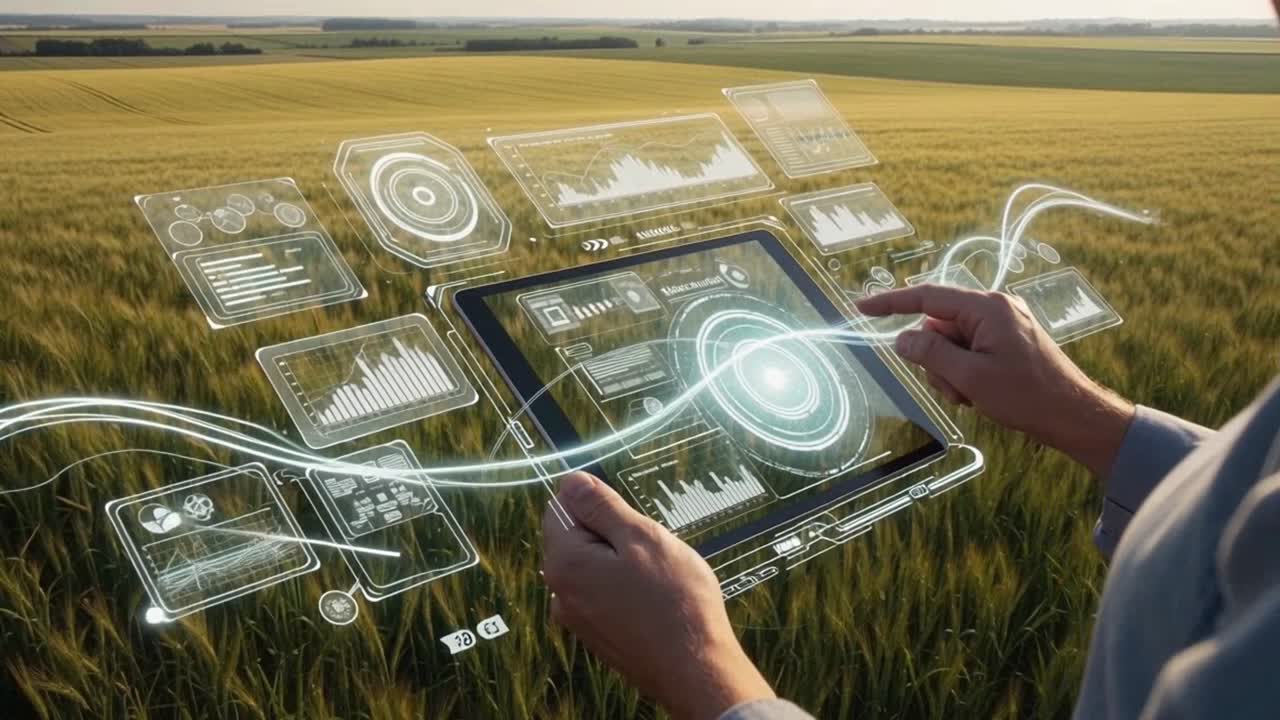 Farmer Using a Tablet with Data Overlay in a Wheat Field