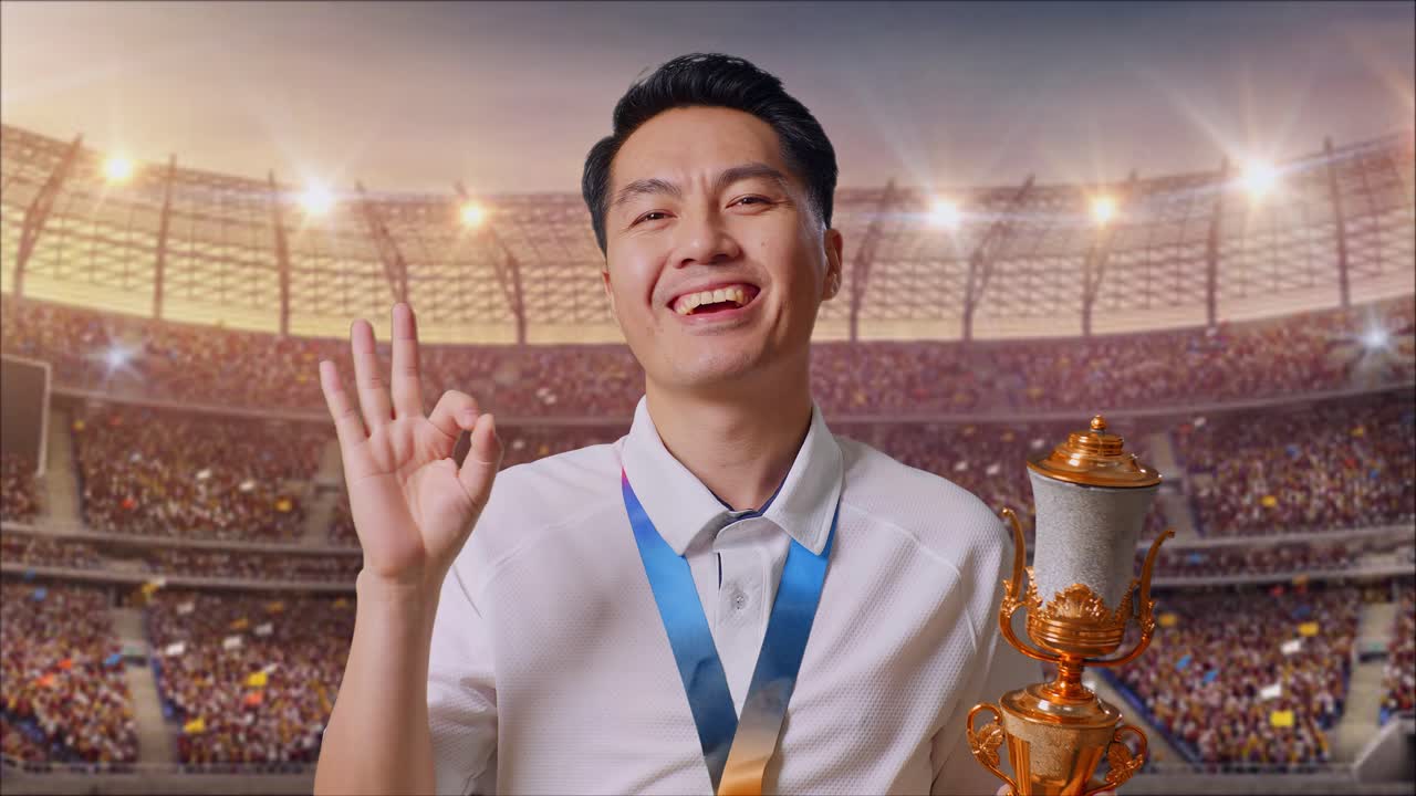 금메달과 트로피를 들고 있는 아시아인 남자가 스타디움에서 첫 번째 우승자로서 카메라에 미소를 지으며 ok 제스처를 보여준다.