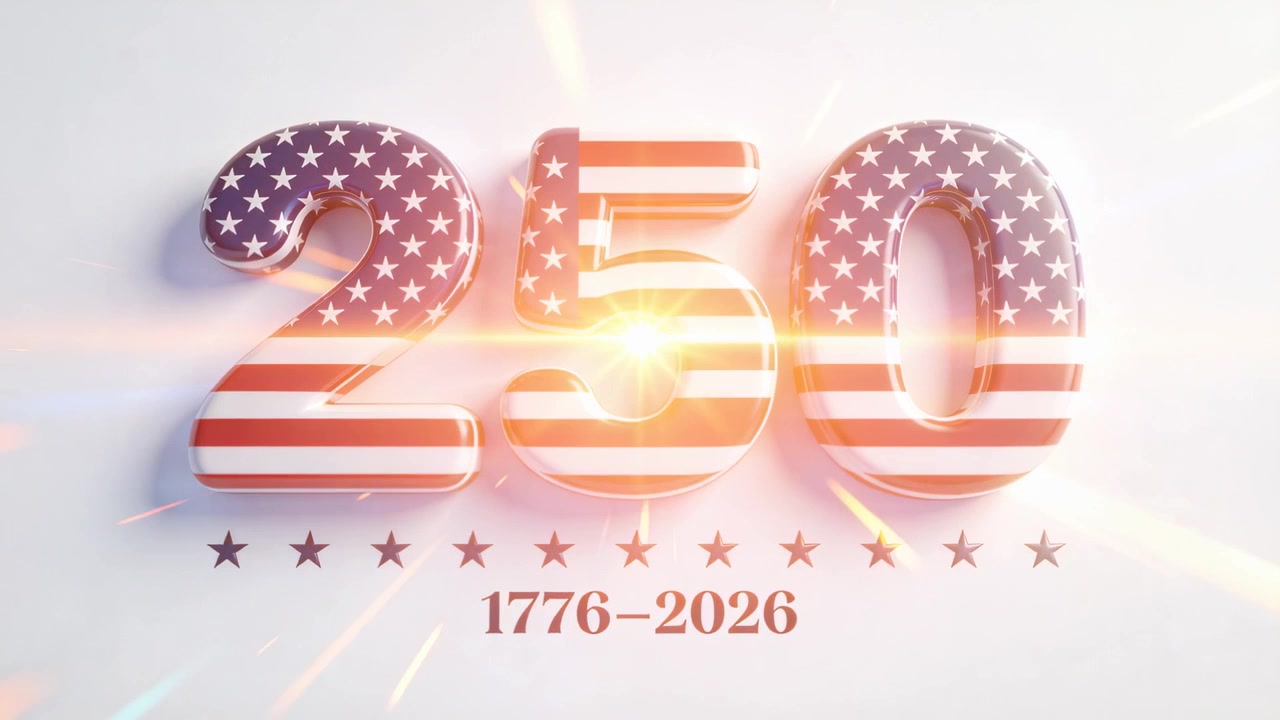 Numeri 3D lucidi e scintillanti 250 che riflettono strisce di luce in movimento attraverso lo studio, evidenziando 1776–2026.