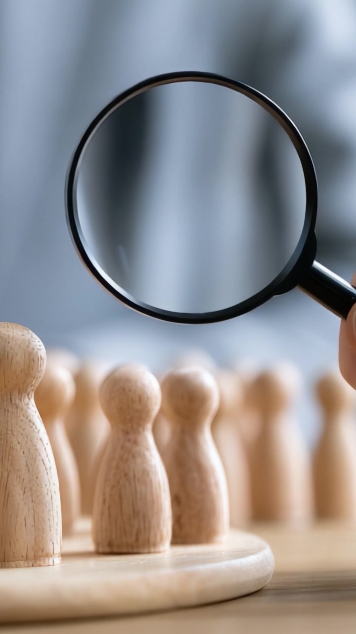 Examining Composition and Detail through a Magnifying Glass: A Close-Up View of Wooden Figures in Focus with a Hand Holding a Magnifier