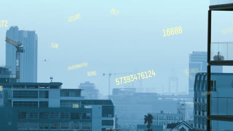 animation of changing numbers over buildings and drone flying against clear sky