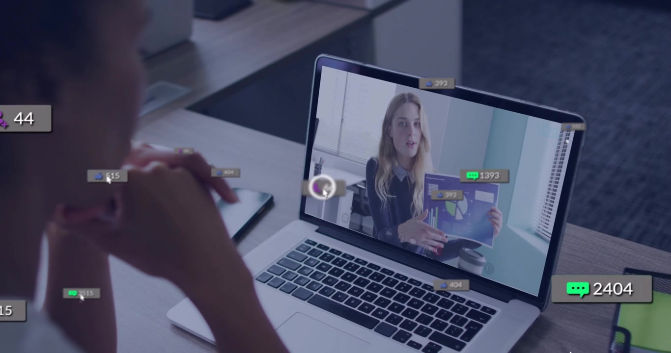 Presenter starting webinar and explaining pie graph with engagement icons updating around laptop