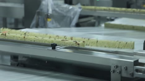 close up of food cake factory on an assembly line, automated cookies on a conveyor belt production line in a factory, ready for packaging and distribution