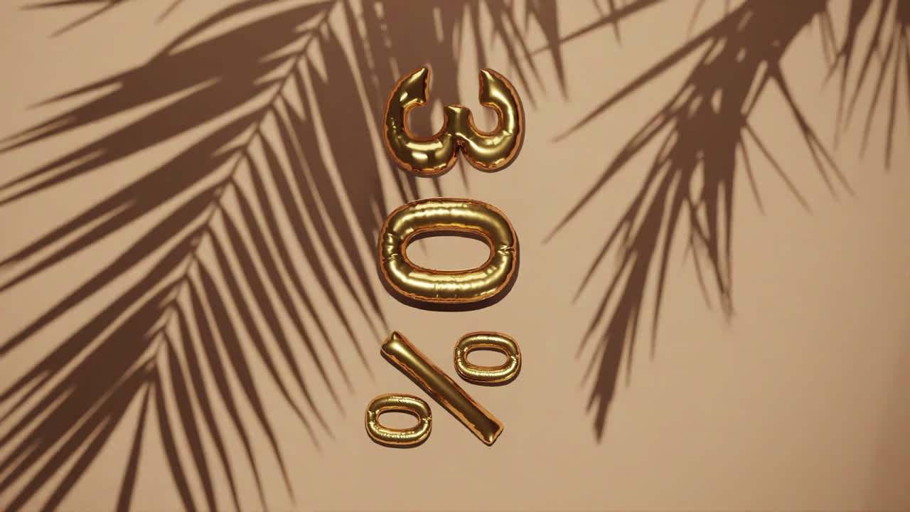 30% de descuento en fondo dorado con palma brisa suave, vacaciones de verano concepto de venta precio especial