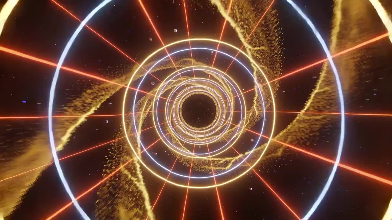 La telecamera inizia a muoversi attraverso anelli luminosi in un tunnel buio, con nastri dorati che si avvicinano al vuoto.