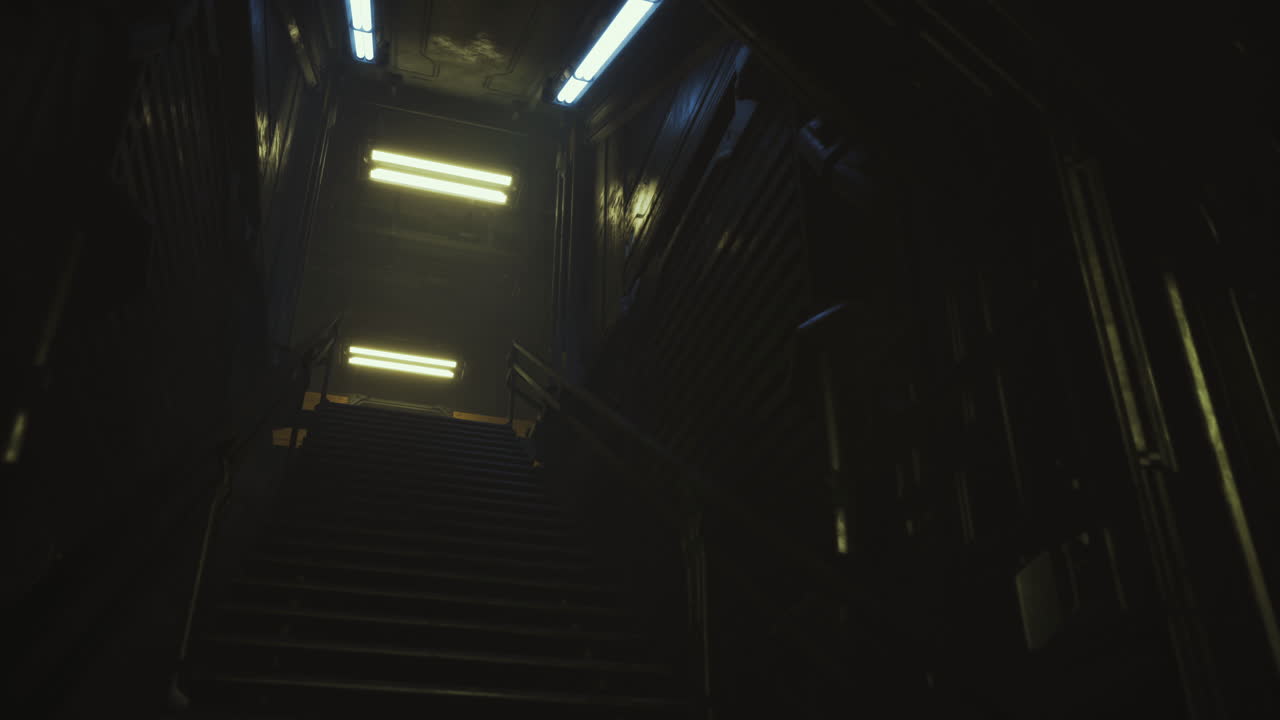 Mysterious staircase illuminated by fluorescent lights in dimly lit corridor