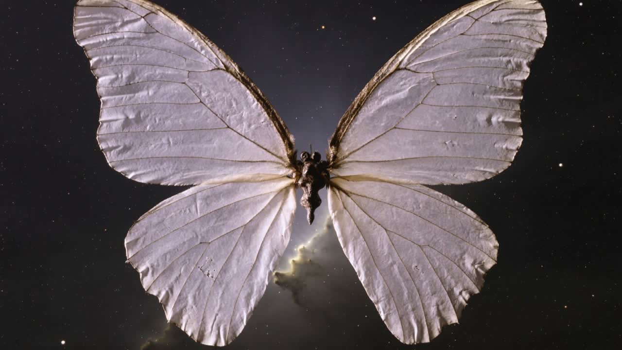 Mostrando borboleta pálida de asas largas flexionando as pontas das asas após abri-las em um campo estelar com brilho de nebulosa