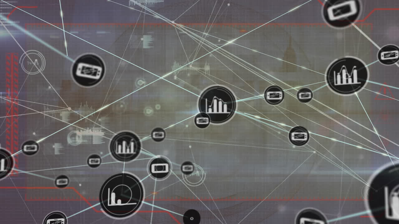 animación de la red de conexiones sobre el paisaje urbano y procesamiento de datos