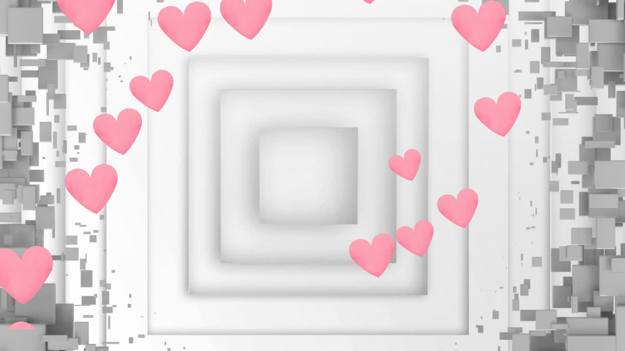 색 바탕에 동심 사각형에 대해 떠다니는 여러 개의 분홍색 심장