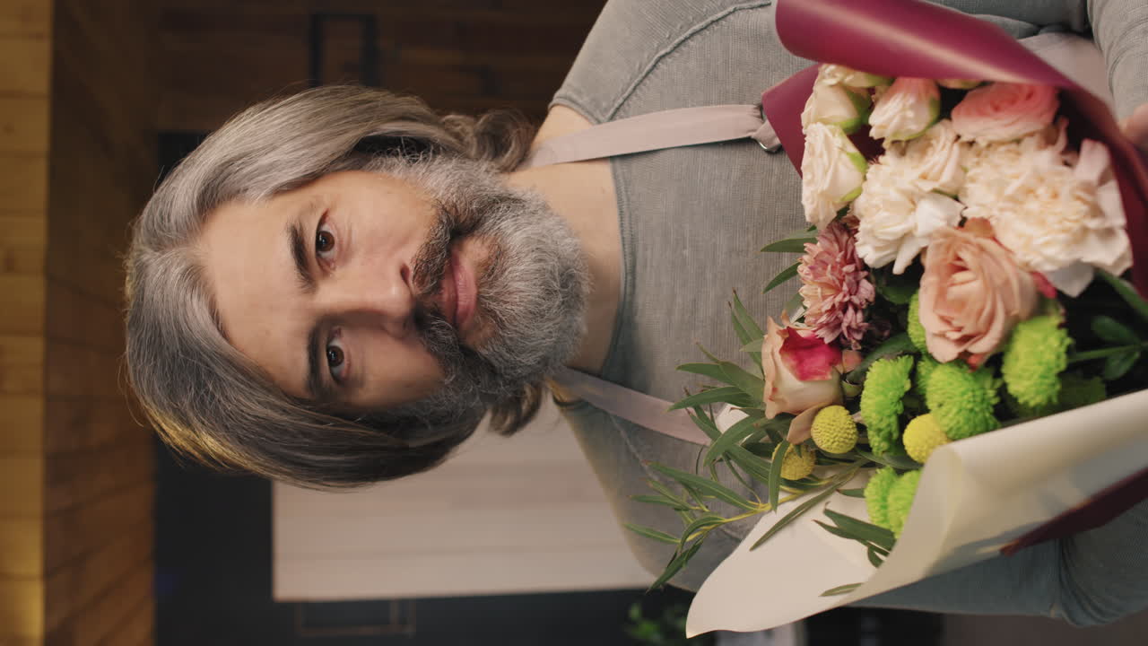 Male Florist With Wonderful Bouquet Of Flowers