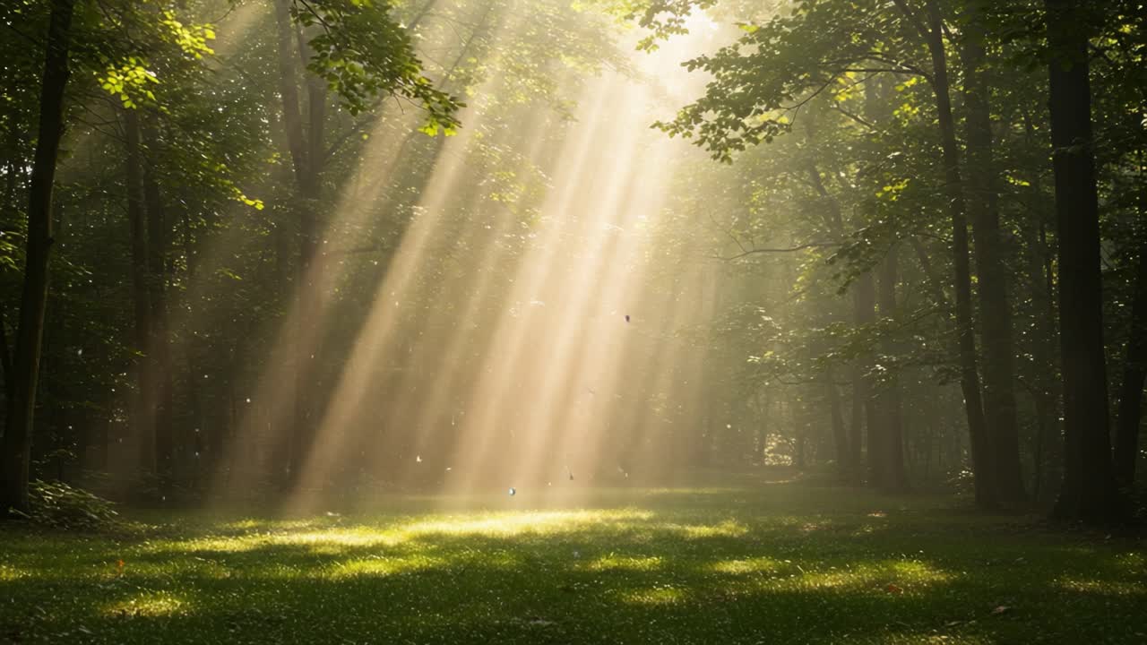 Enchanting Sunlight Filtering Through Trees in a Magical Forest, Creating a Serene Atmosphere with Soft Rays Illuminating the Ground and Misty Surroundings