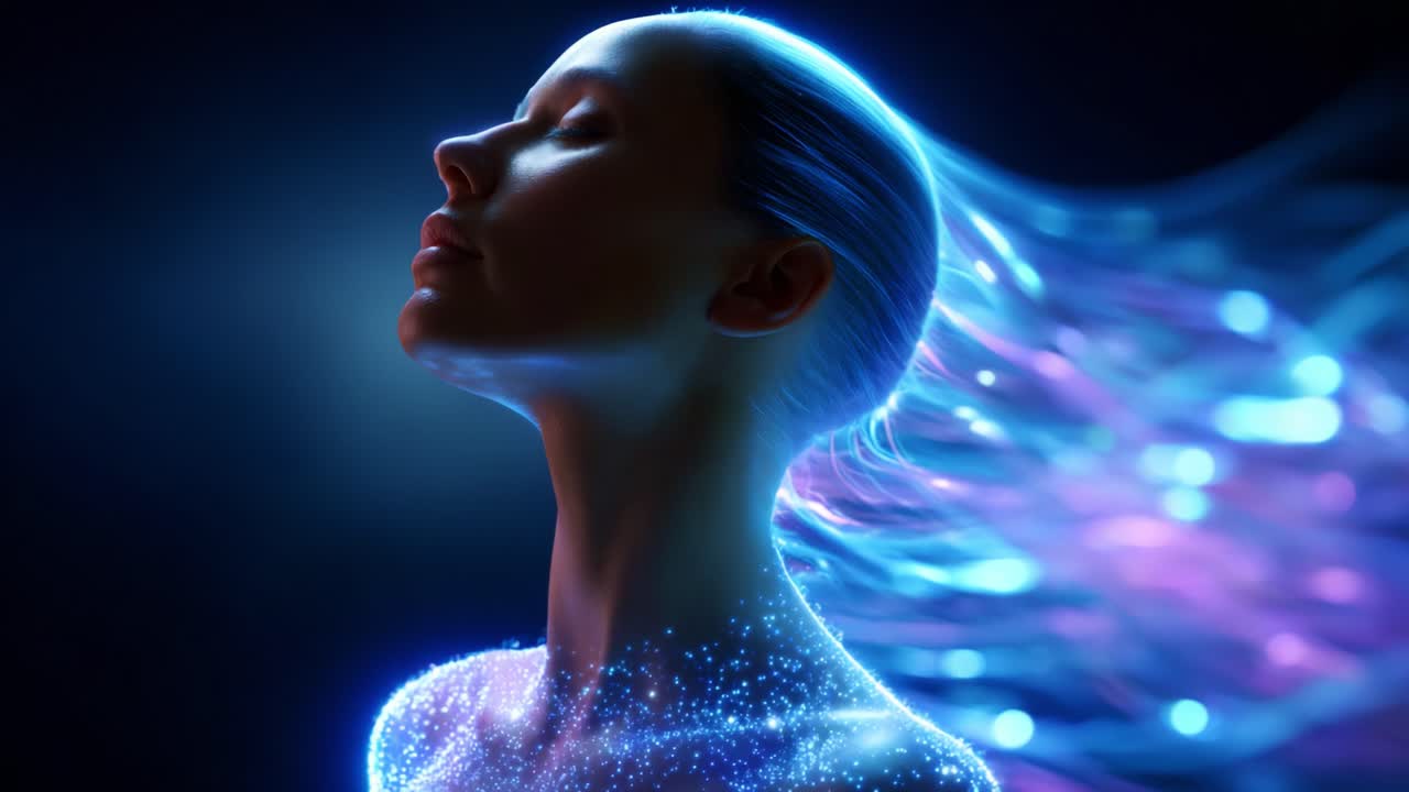 A Captivating Portrait of Ethereal Beauty: A Serene Figure Embraced by Glowing Tendrils of Light, Capturing the Essence of Tranquility and Radiance Through a Stunning Visual Dance of Color and Motion