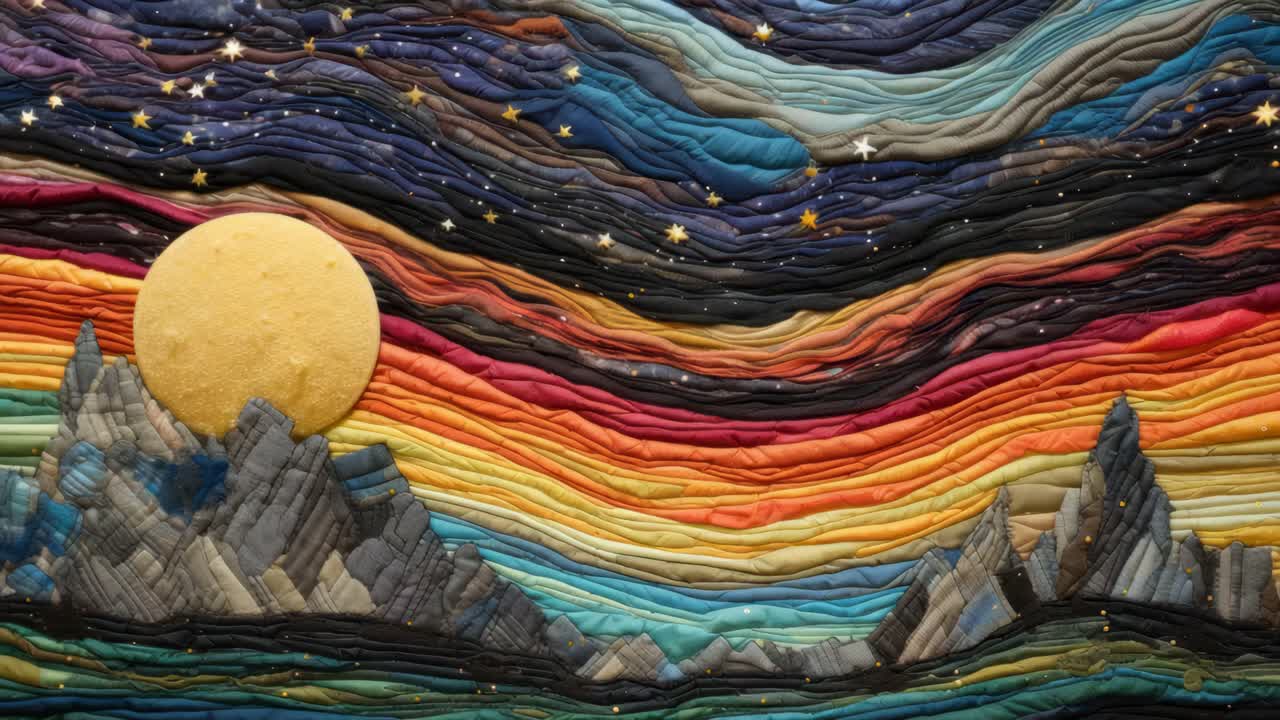 Aerial view of a vibrant, quilted landscape with a sun and mountains