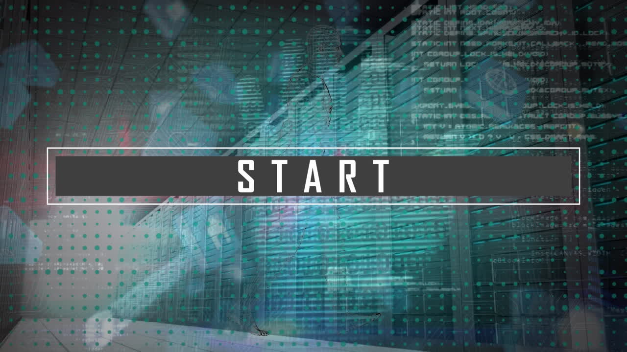 animación del texto de inicio a través de servidores informáticos y procesamiento de datos.