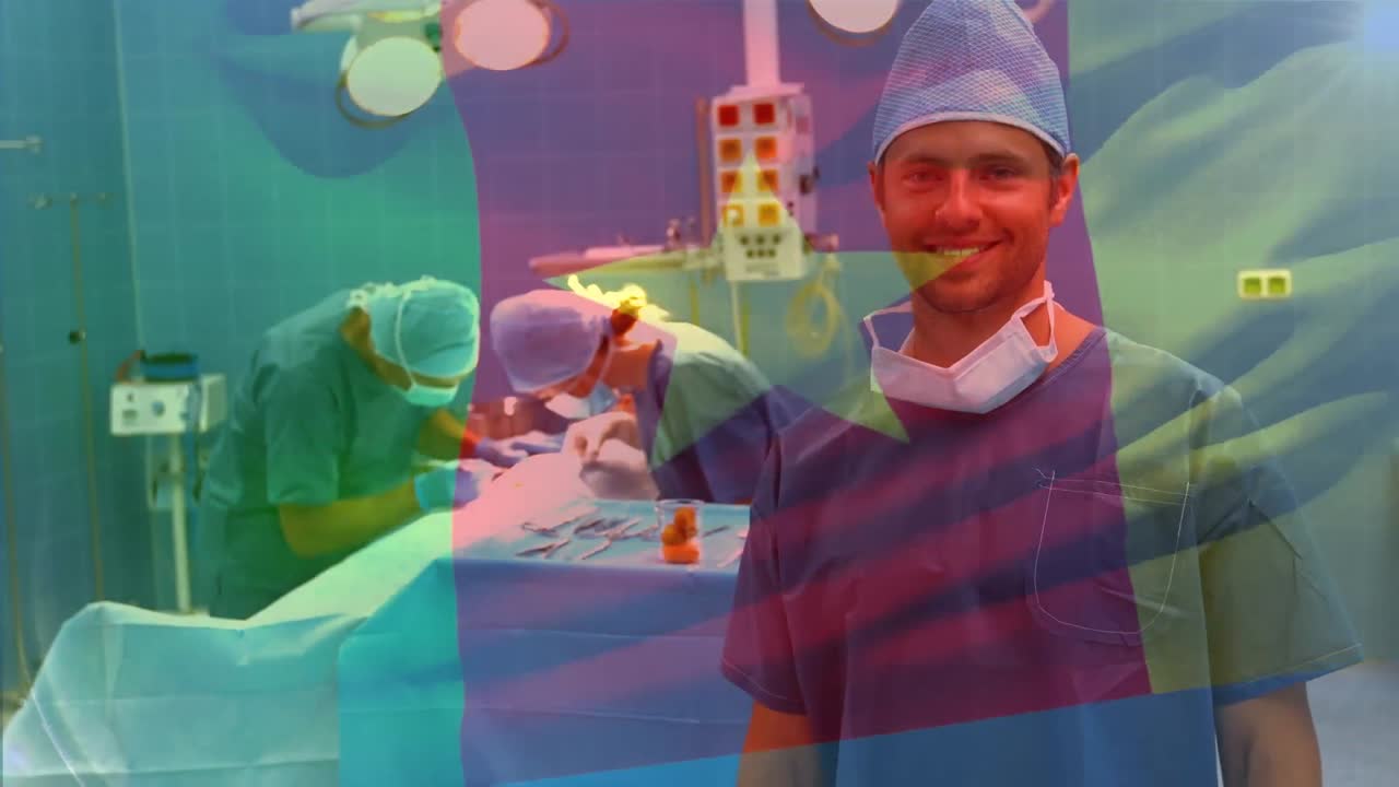 카메룬의  ⁇ 발이 수술실에 있는 외과 의사들 위에서 흔들리는 애니메이션