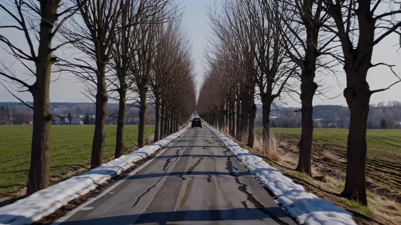 Aerial video captures a car driving down a tree-lined road, creating a symmetrical, serene landscape