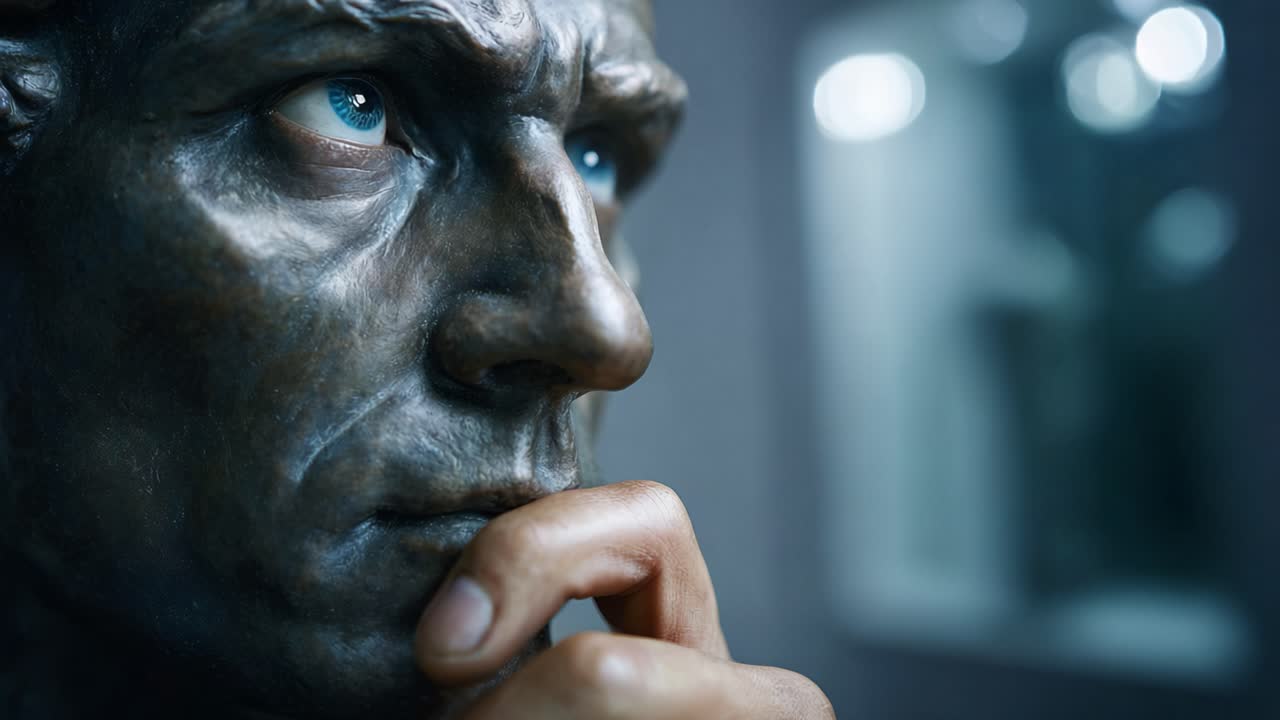 Intriguing Bronze Sculpture Capturing Deep Thought and Expression Through Remarkable Detail, Highlighting Emotional Complexity and Artistic Mastery in Close-Up Perspective