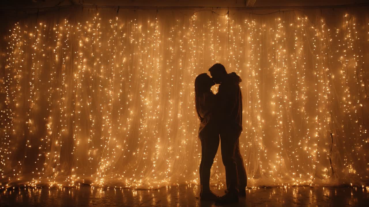 A Romantic Silhouette: A Couple Embraces Under a Glimmering Backdrop of Fairy Lights, Capturing an Intimate Moment of Love and Connection Amidst the Warm Glow