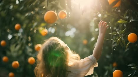 Golden sunlight filtering through lush orchard leaves, young girl with blonde hair gently reaching for ripe, sun kissed oranges hanging from verdant branches
