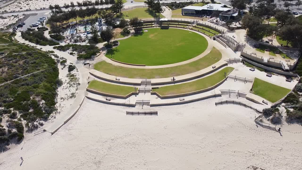 Descending aerial view of Waterfront Park, Shorehaven Beach Alkimos Perth