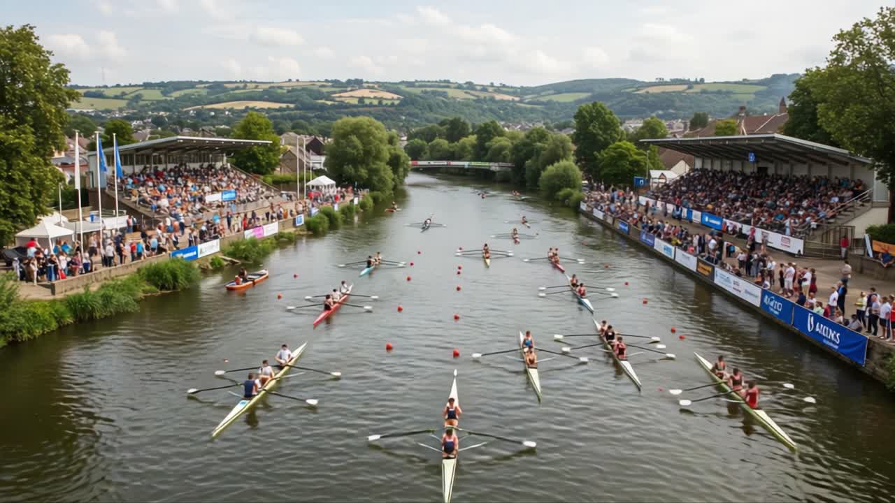 A Thrilling Rowing Competition Unfolding on a Beautiful Day, Showcasing Athletes in Action on the Serene River Surrounded by Spectators and Lush Greenery