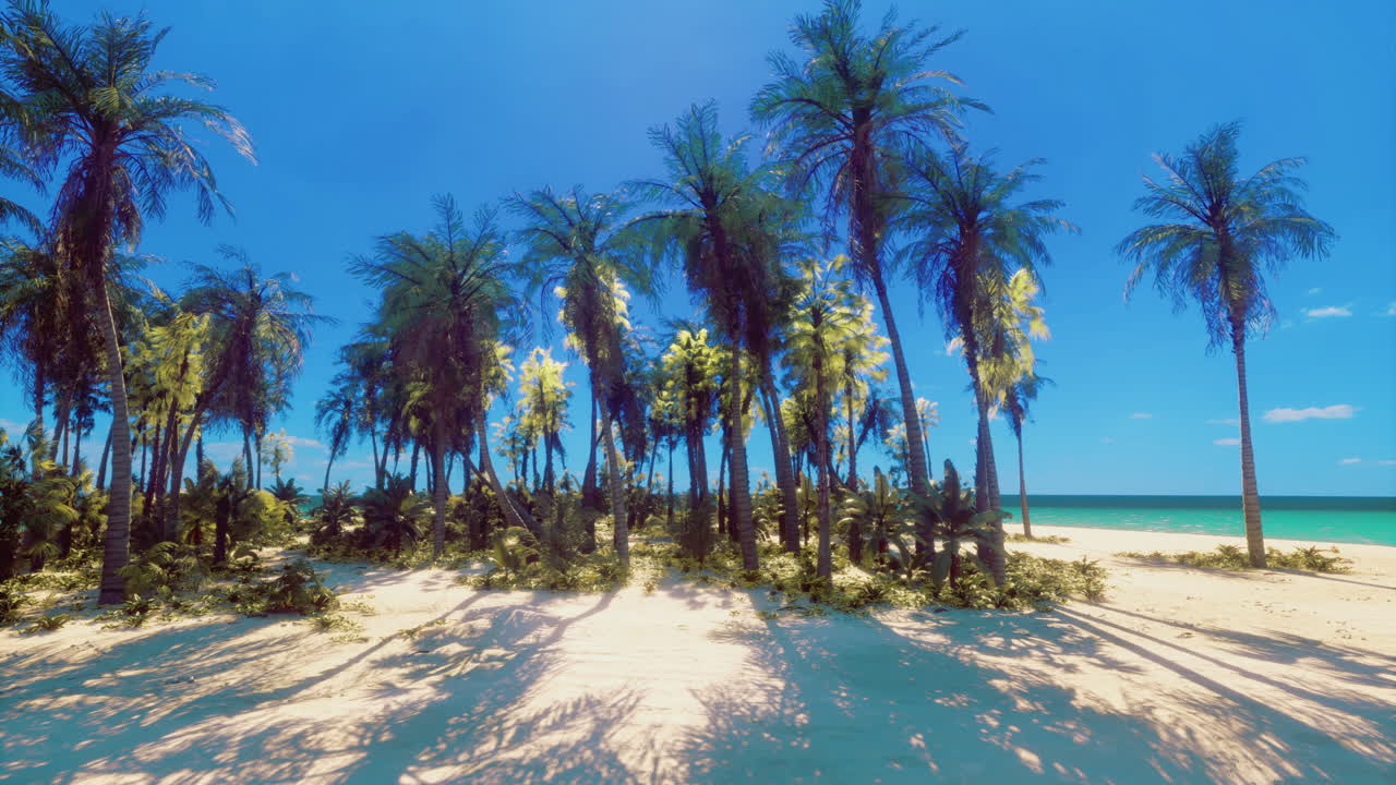 Tropical beach with palm trees under clear blue sky during daytime