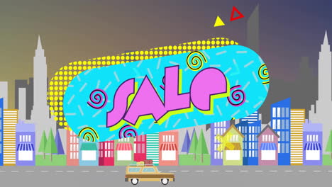colorful sale text animation over cityscape with car and geometric shapes