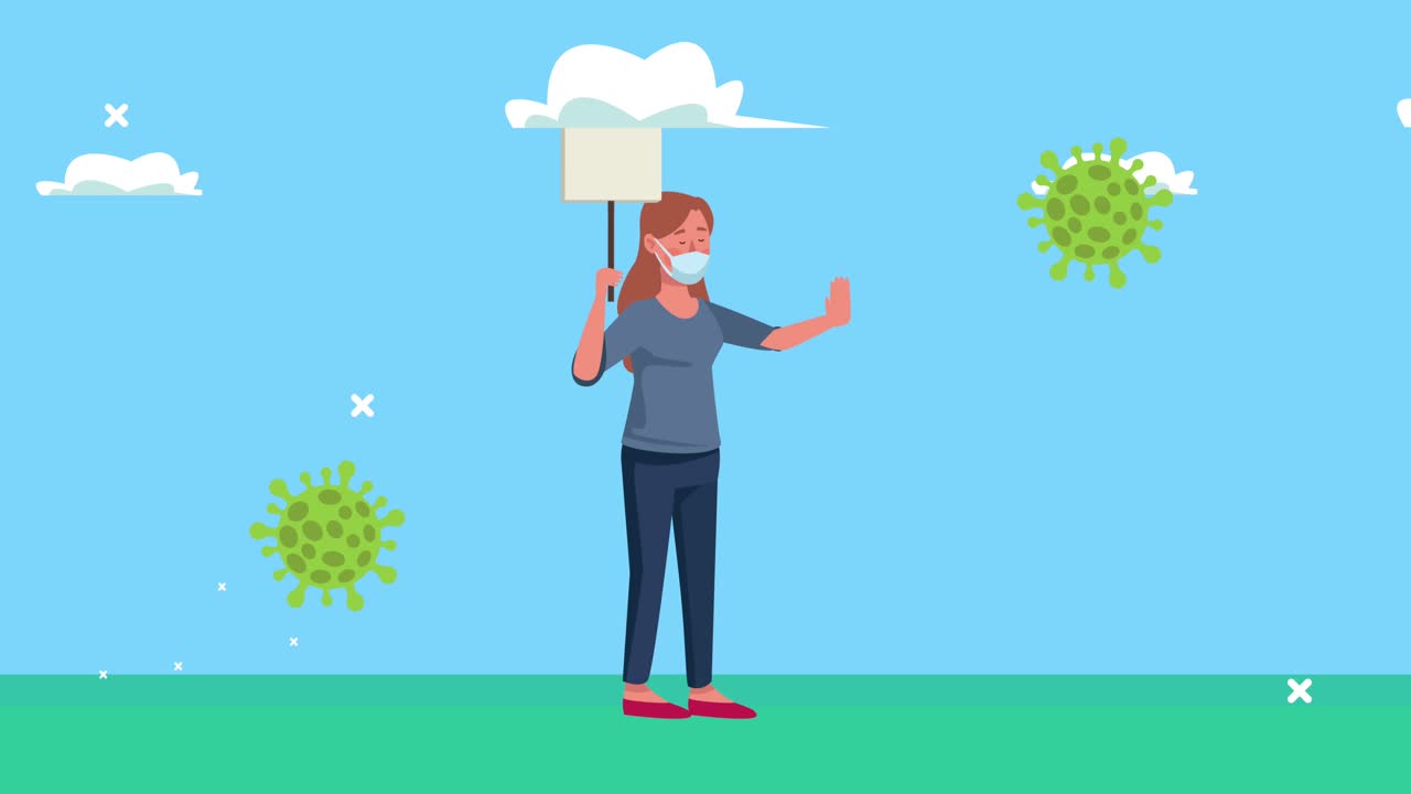 mujer con máscara médica con una pancarta de protesta en la animación del campamento