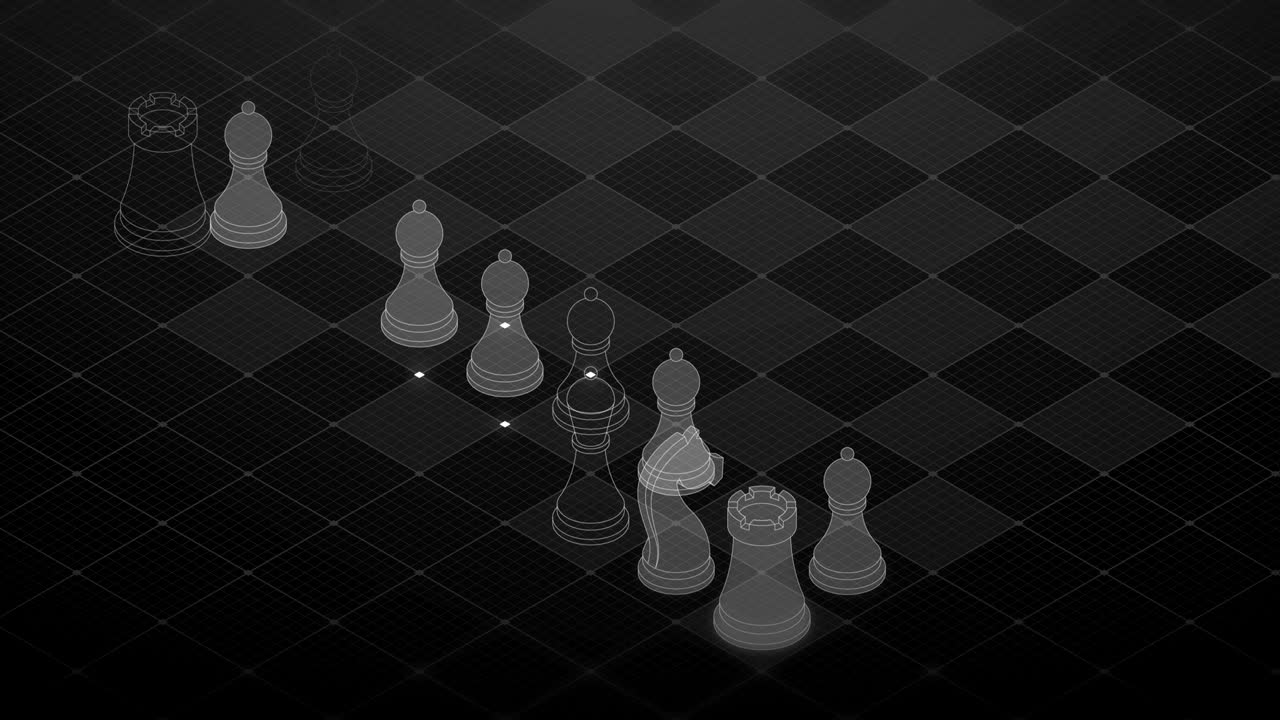 3D isometric virtual transparency chess with square mesh pattern chessboard, Business technology strategy concept design on black background, seamless looping animation 4K with copy space