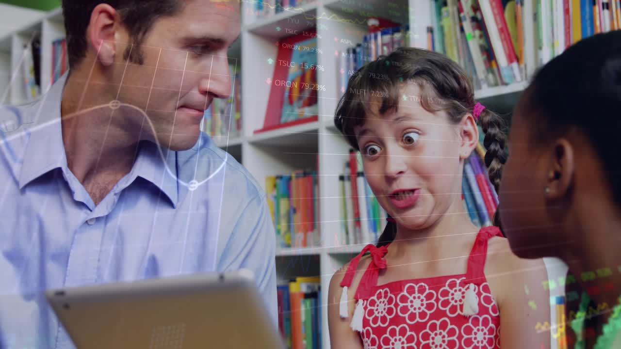 Teacher tapping tablet sparking animated data graphs in education while students showing surprise