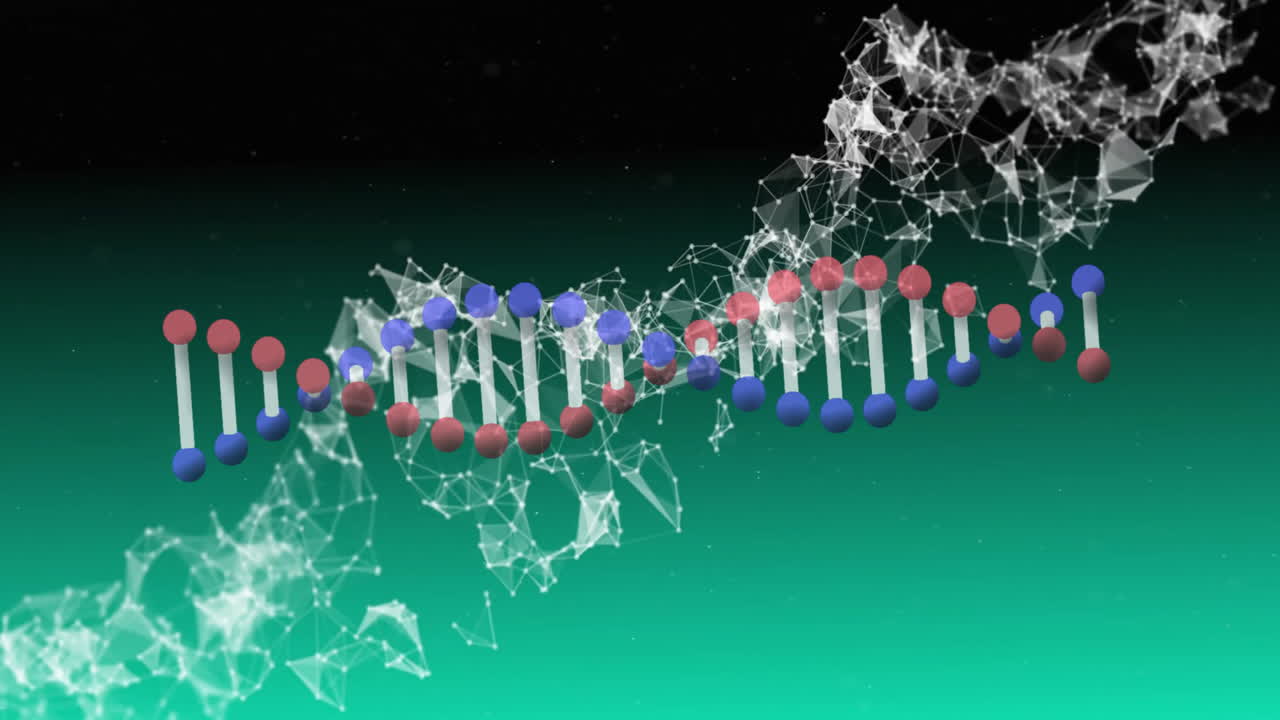 Animation of DNA strand with molecular connections on green gradient background