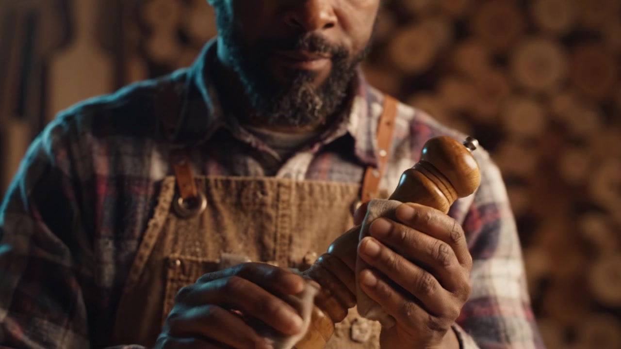 Artigiano che rifinisce un macinapepe in legno: esperto artigiano che lucida utensili da cucina splendidamente fatti a mano con cura e precisione in un ambiente di officina.