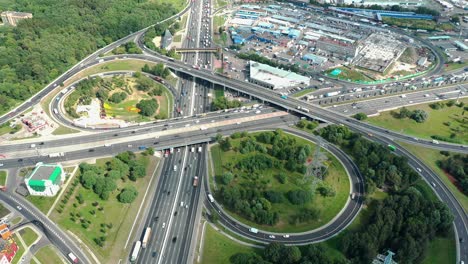 aerial view of highway junctions with traffic