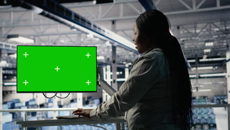 software developer in server hub using chroma key workstation