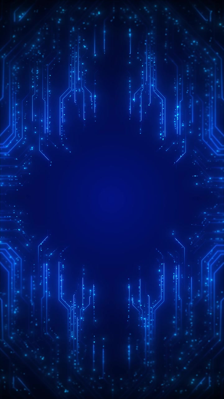 Bordo tecnologico blu futuristico con percorsi di circuito, nodi ciano luminosi e area centrale scura vuota perfetta