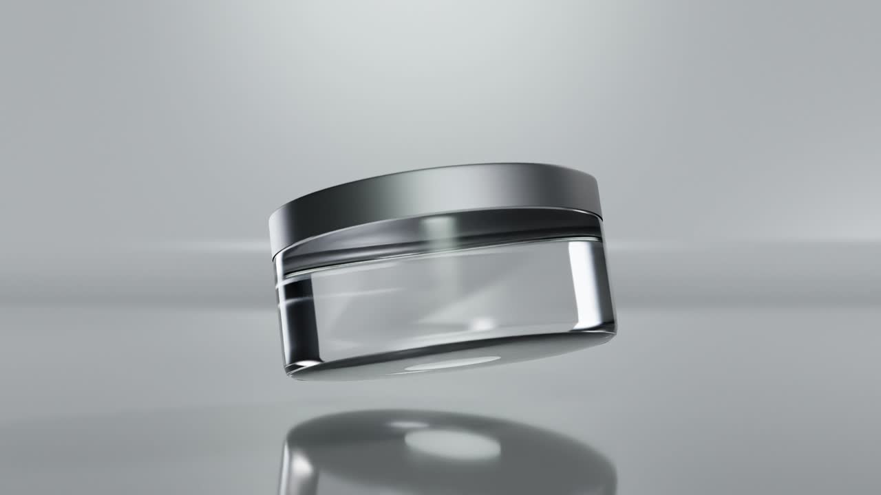 animación en bucle de frasco vacío cosmético de vidrio, embalaje de loción, botella gira lentamente en el aire. cuidado de la piel cosméticos para mujeres. muestra de diseño de producto de belleza de paquete. luma matte, renderizado 3d realista.