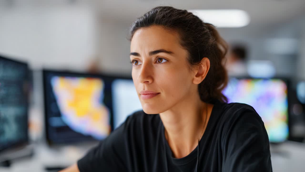 Persona concentrata che lavora intensamente al computer, impegnata in profonde riflessioni e analisi in un ambiente d'ufficio moderno, circondata da display high-tech e schermi digitali multipli