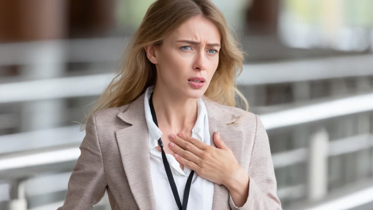 A Concerned Woman Shows Signs of Distress and Anxiety in an Urban Setting, Illustrating the Emotional Struggle Faced by Many in Modern Life