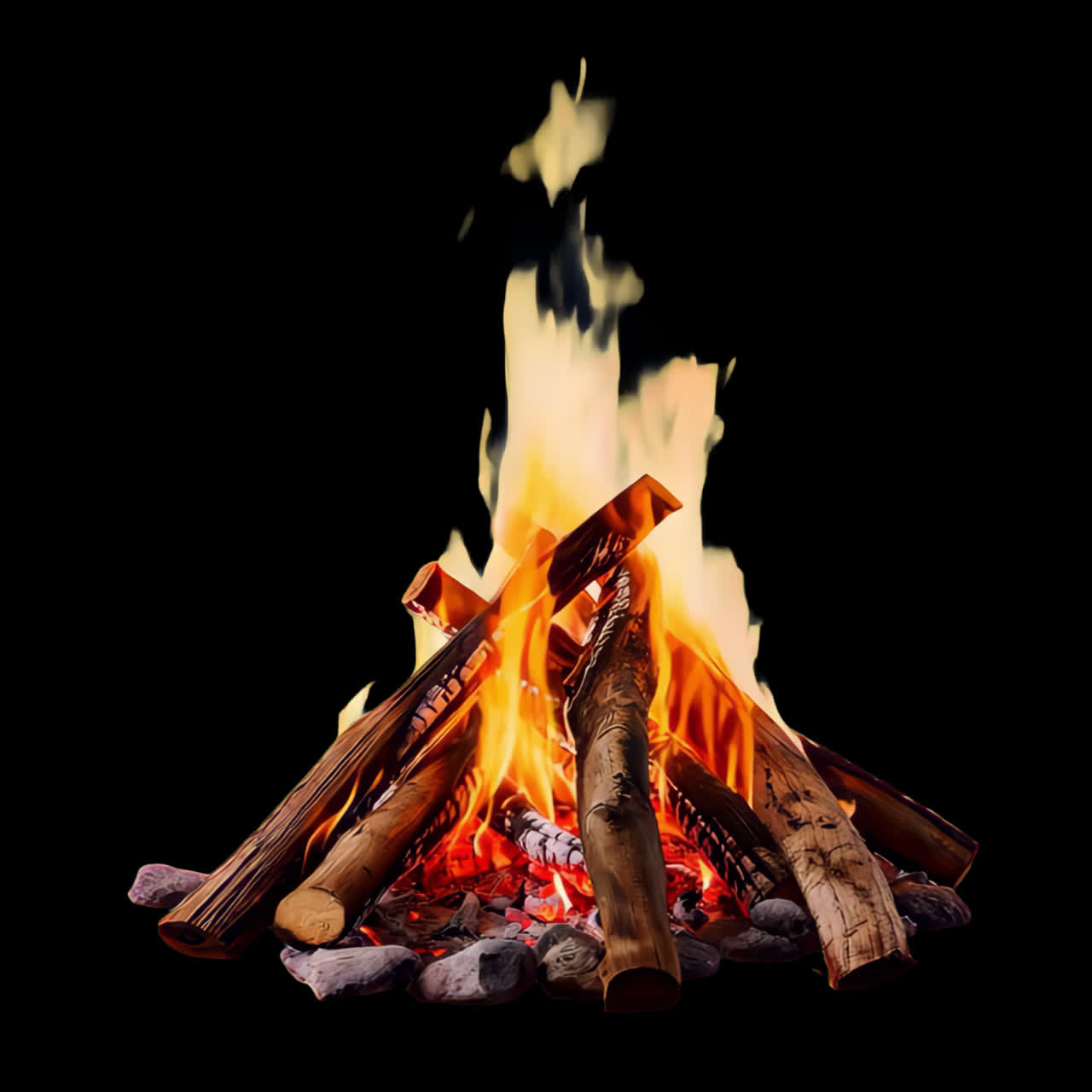 Warmth, cozy, rustic, campfire, flames animation isolated asset, transparent 4K video, alpha