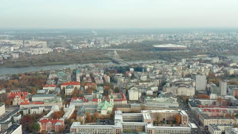 Powiśle-Neighborhood-and-Stadion-Narodowy-urban-rooftop-view,-Warsaw-Poland
