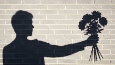 a beautiful shadow play: the silhouette of a person holding a bouquet of flowers against a textured wall