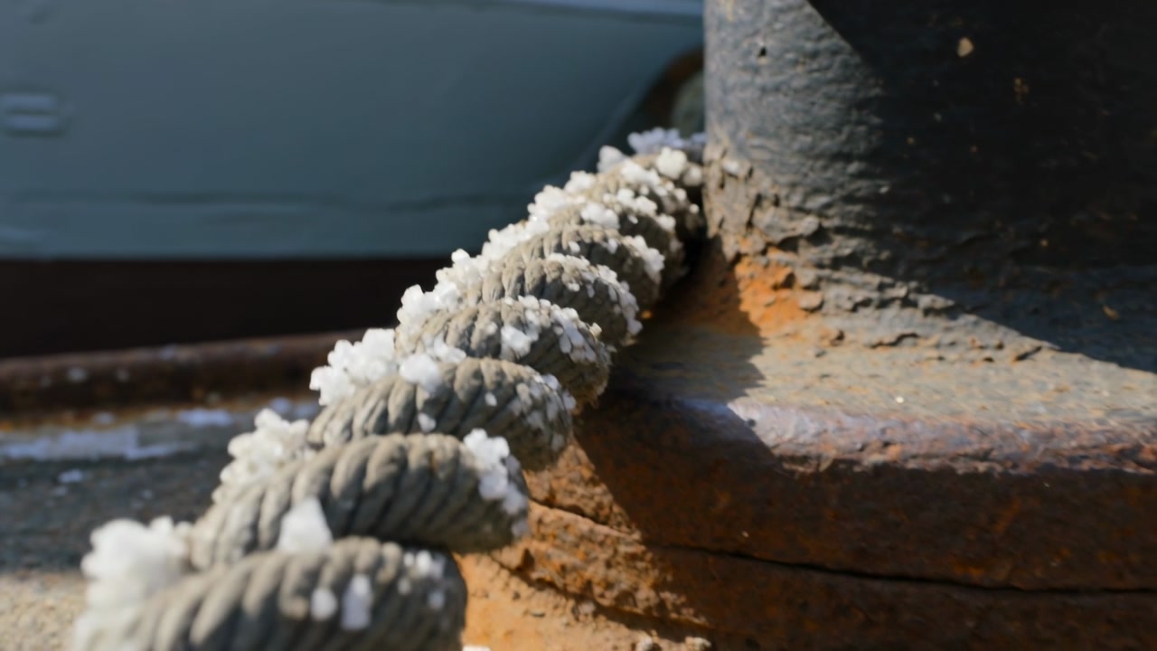 Shifting twisted mooring rope rubbing rusted bollard dock, salt crystals forming while boat rocking