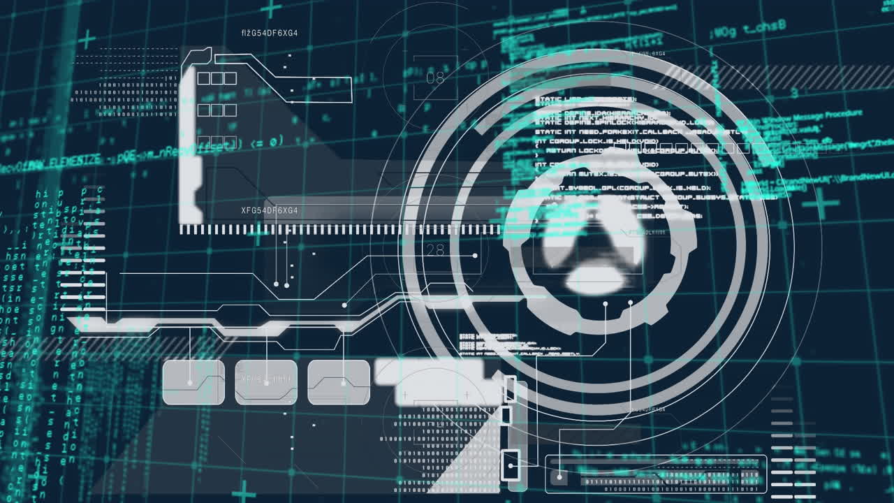 Digital animation of round scanner and digital interface with data processing on blue background