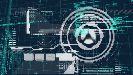 animación digital del escáner redondo y la interfaz digital con procesamiento de datos sobre fondo azul